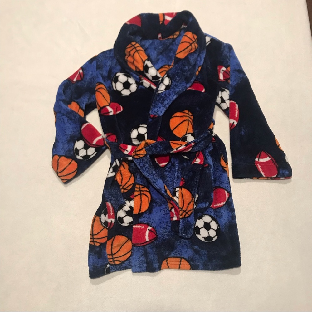 Boys robe, sports, blue with football, basketball and soccer ball, small